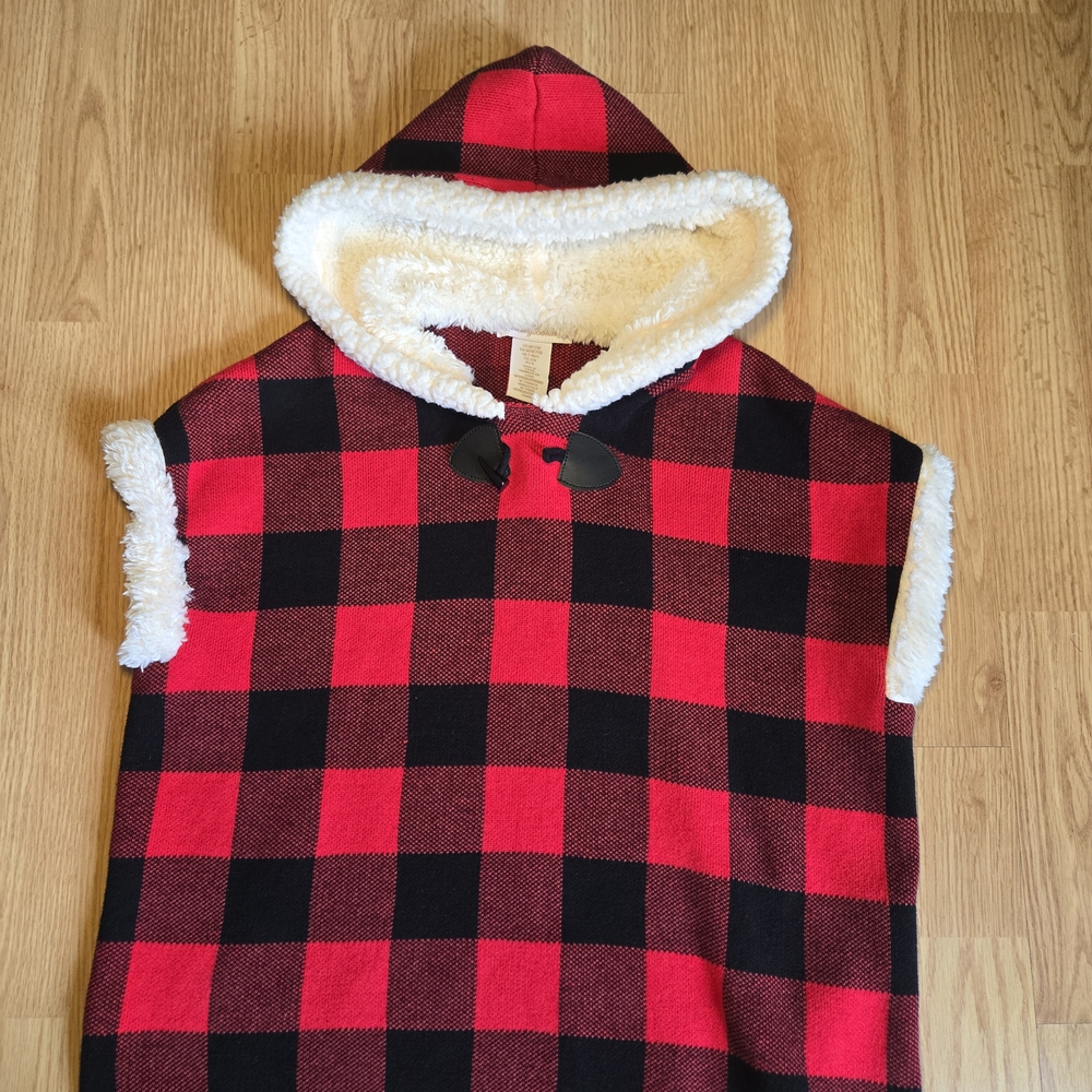 Tommy Bahama Women’s Buffalo‎ Plaid Sherpa Hoodie Poncho Cape Vest Size M"